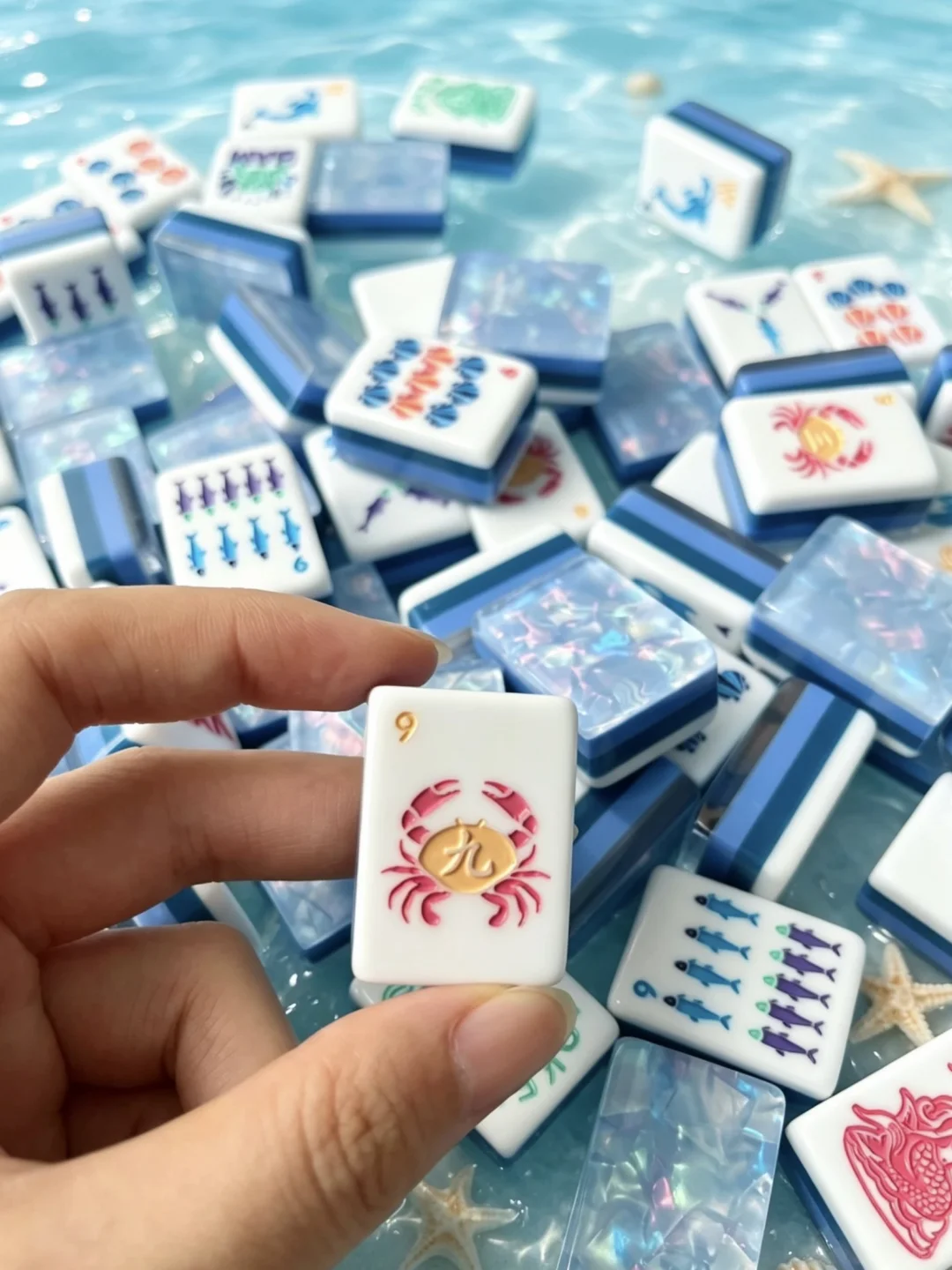 Mahjong Tile Set, Acrylic, Blue, for Home Game Nights view 3